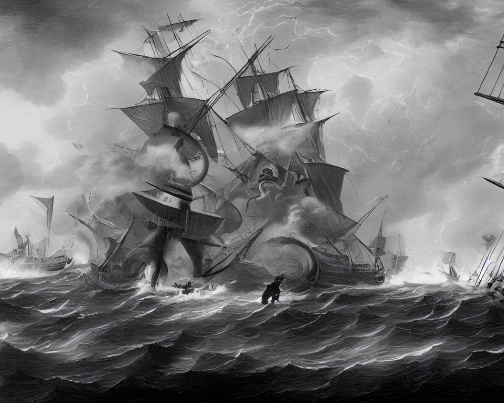 Monochromatic painting of stormy sea with sailing ships and lightning