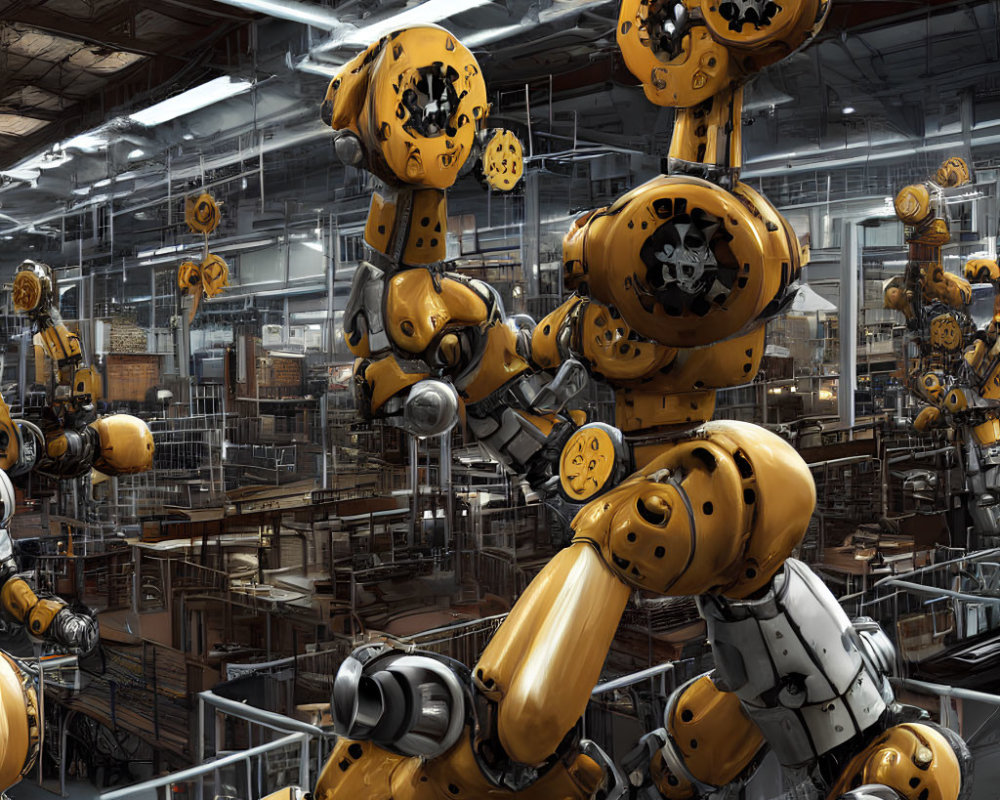 Yellow-armed industrial robots in factory setting with metal structures