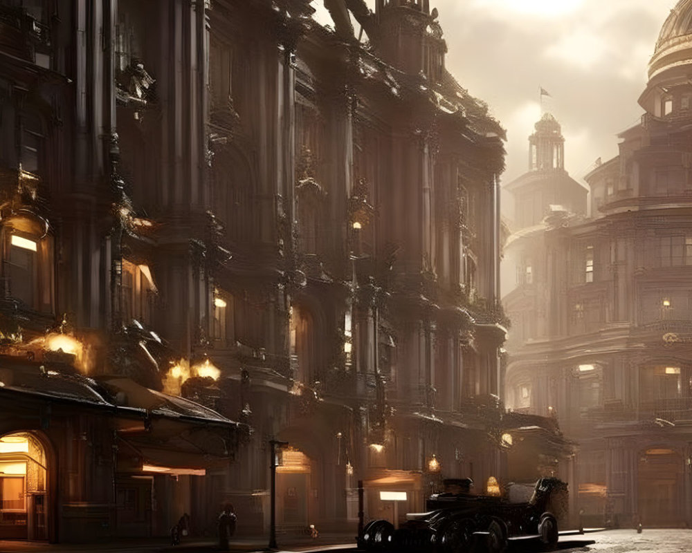 Ornate dark buildings and sleek black car in futuristic city street at dusk