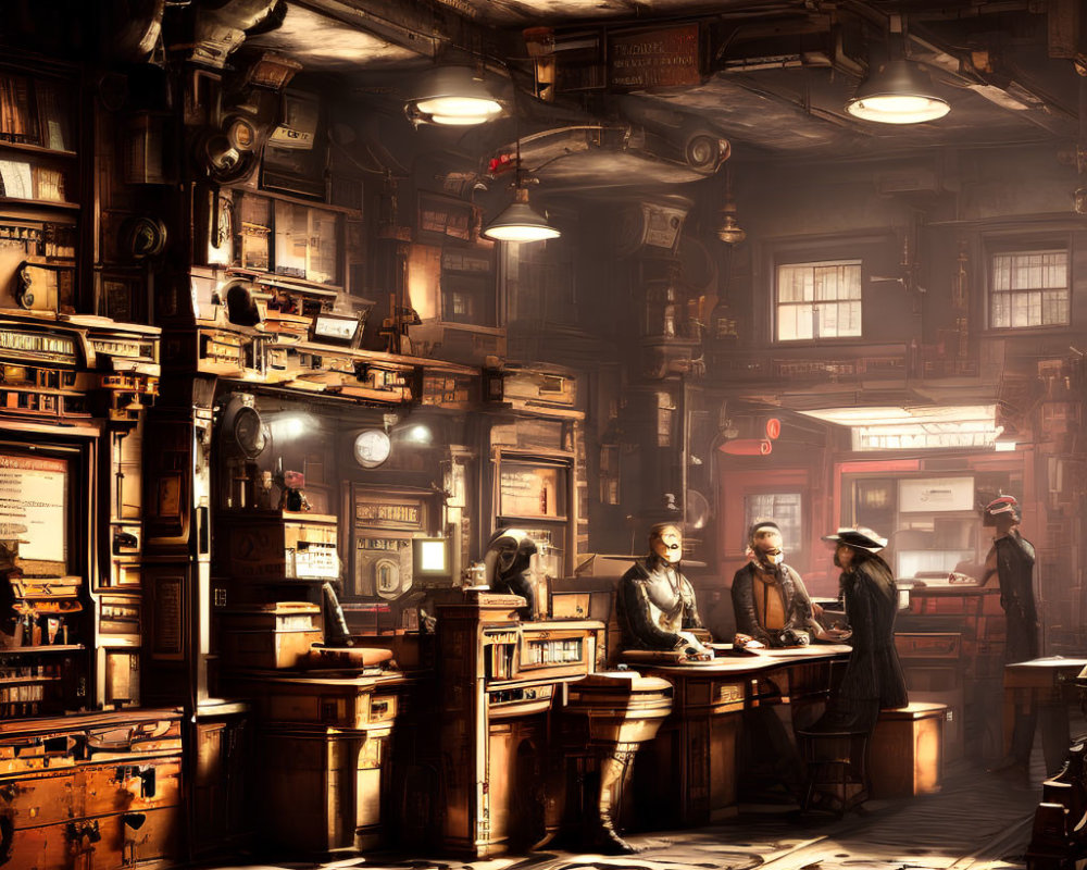 Vintage library scene with patrons, librarian, towering shelves, and cozy lighting