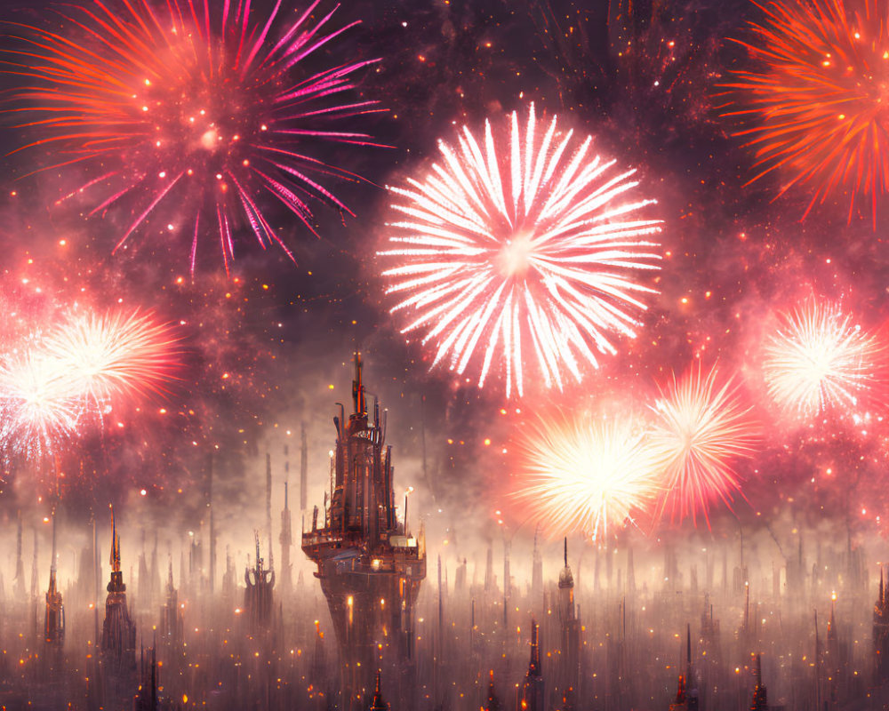 Colorful fireworks above fantasy cityscape at dusk