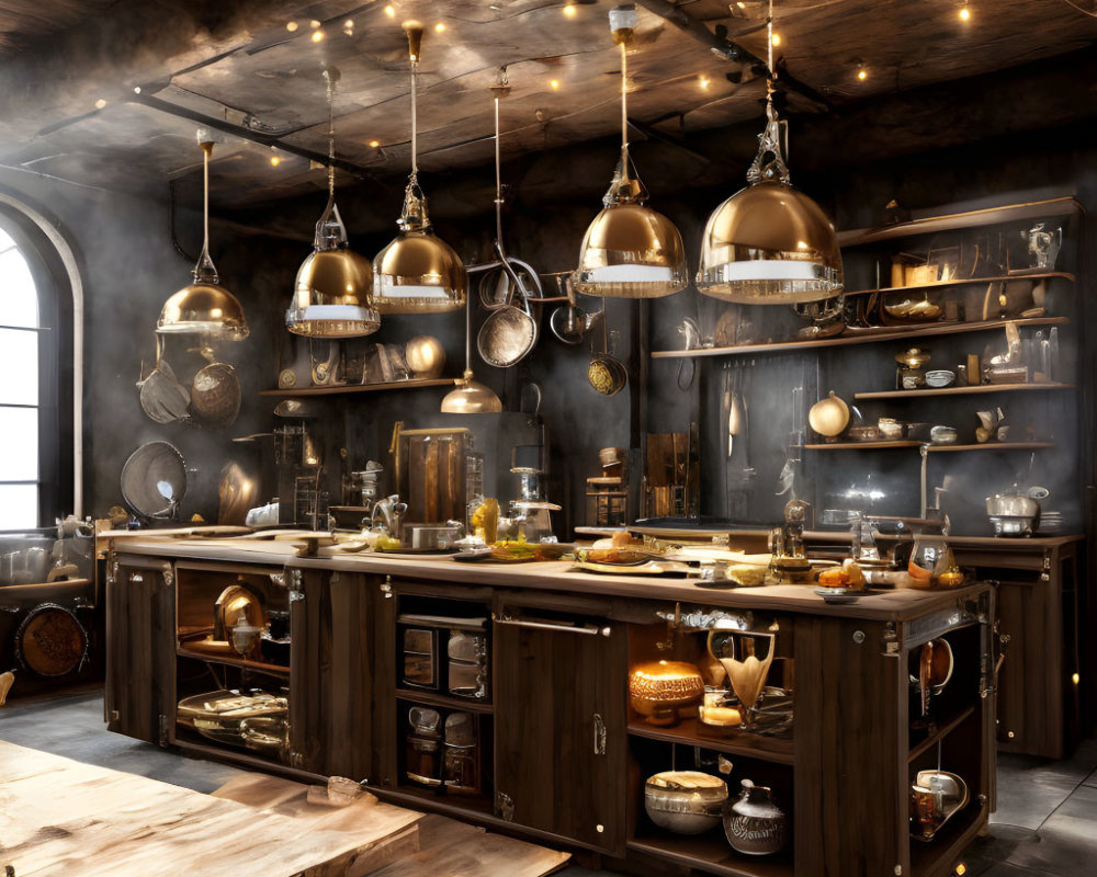 Rustic kitchen with wooden countertops and brass pendant lights