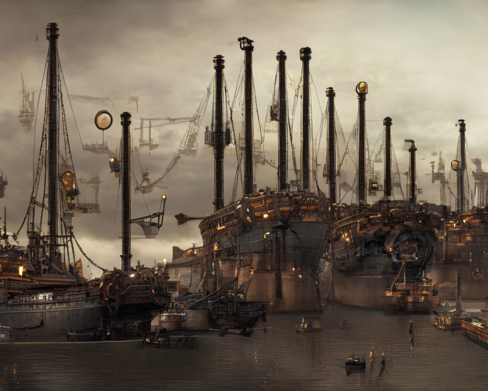 Steampunk harbor scene with cranes, airships, and moored vessels at dusk