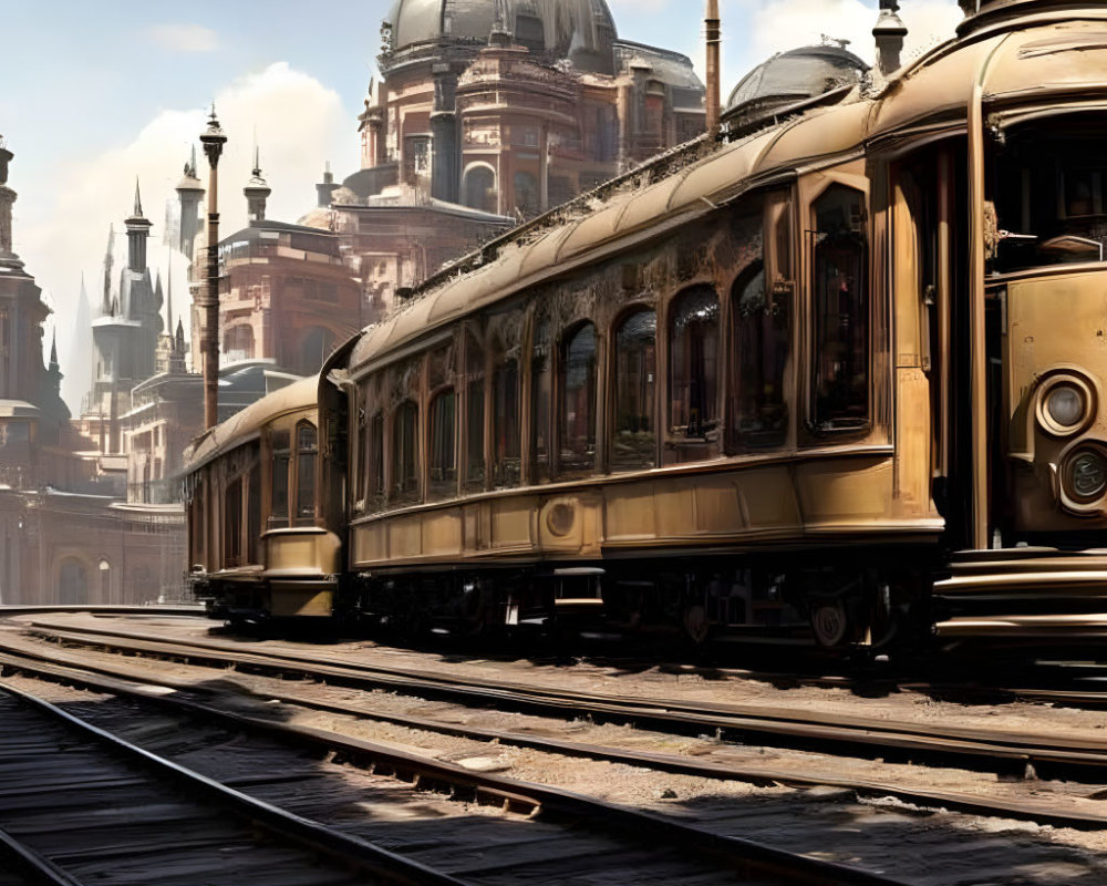 Historical buildings and vintage train on tracks under clear skies