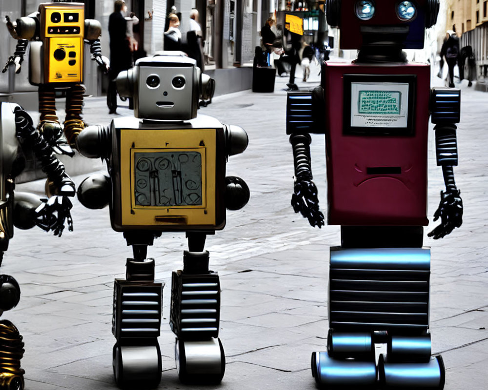 Colorful Cartoon-Style Robots on City Street