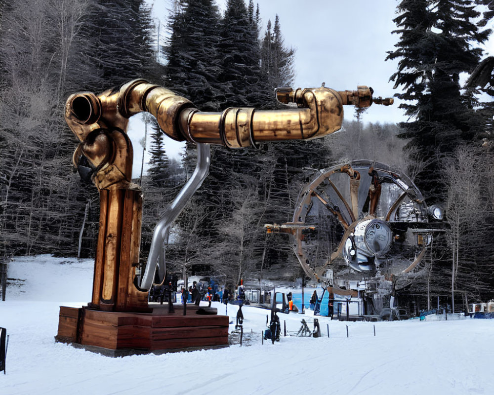 Detailed Brass Telescope Sculpture in Snowy Landscape