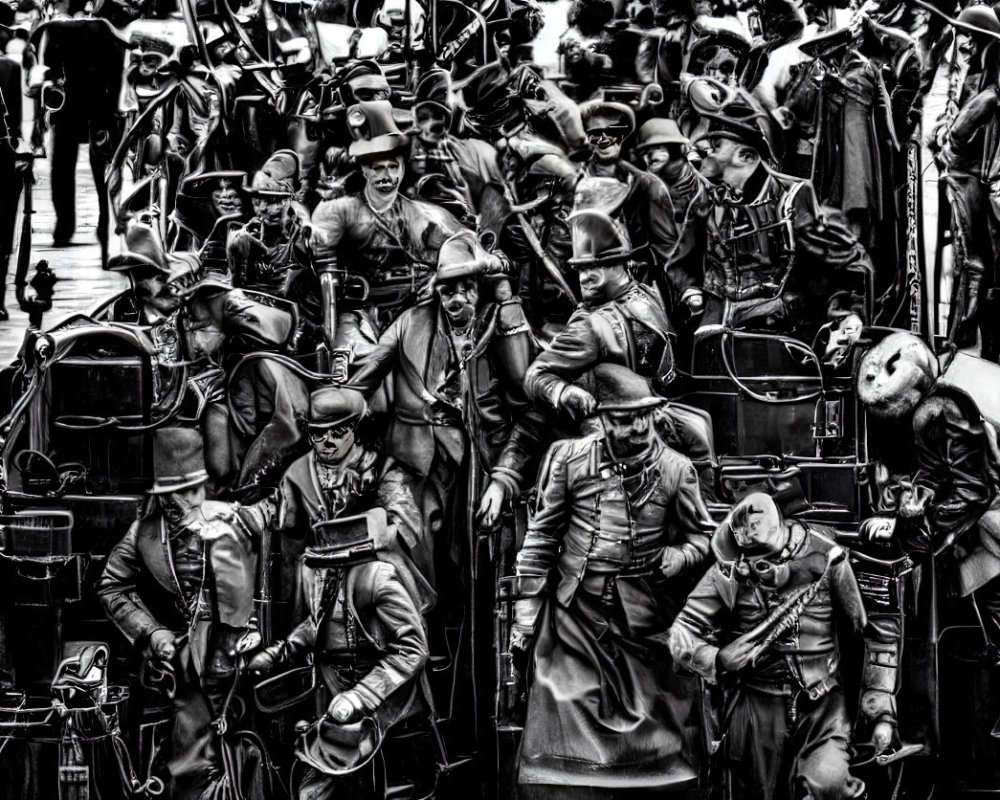 Monochrome photo of crowd in historical military uniforms