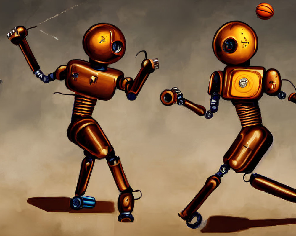 Stylized orange and yellow robots playing basketball