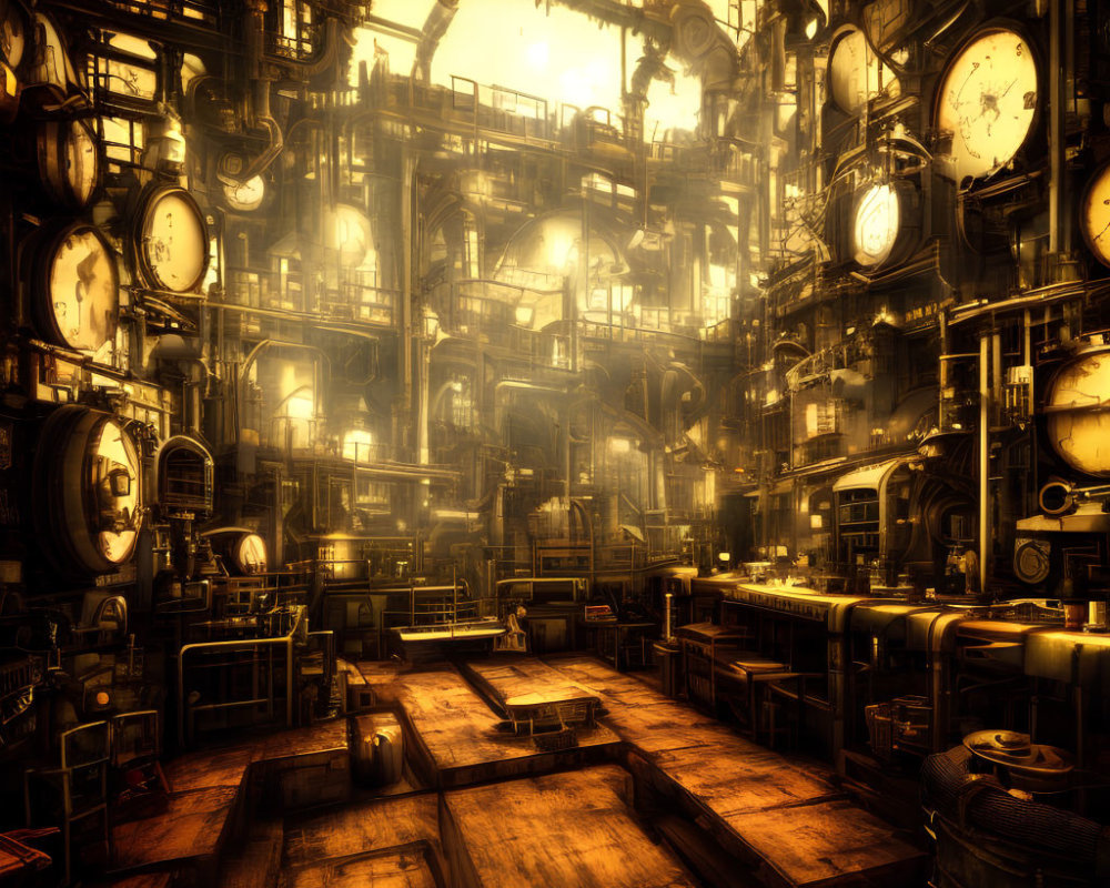 Steampunk interior with pipes, gears, and clocks in warm light