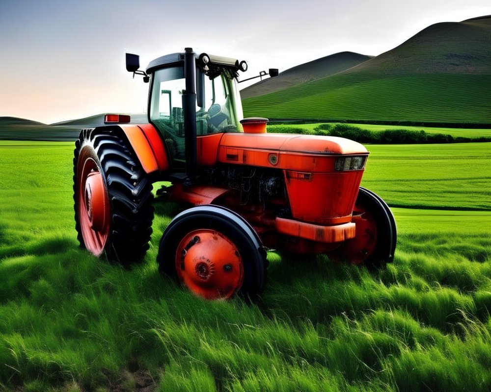 Red Tractor in Green Field with Rolling Hills at Dusk or Dawn