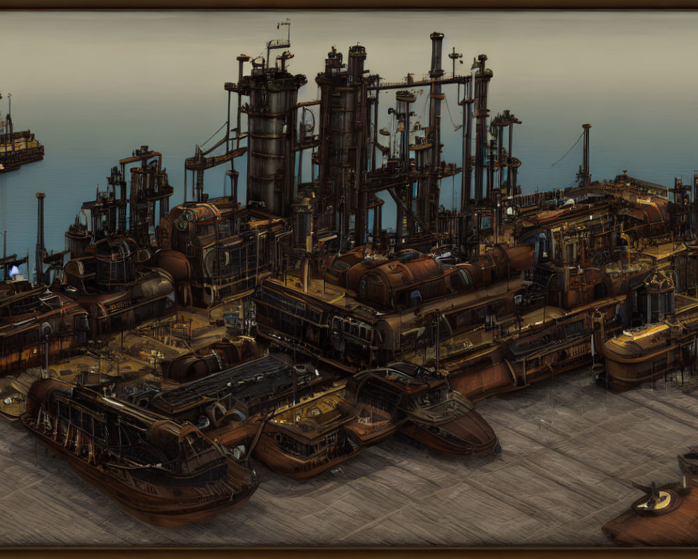 Sepia-toned digital artwork of a steampunk industrial harbor