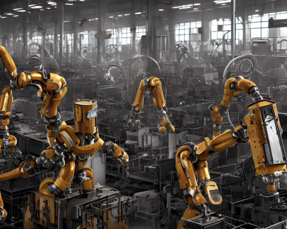 Industrial robotic assembly line with multiple yellow robotic arms in factory setting