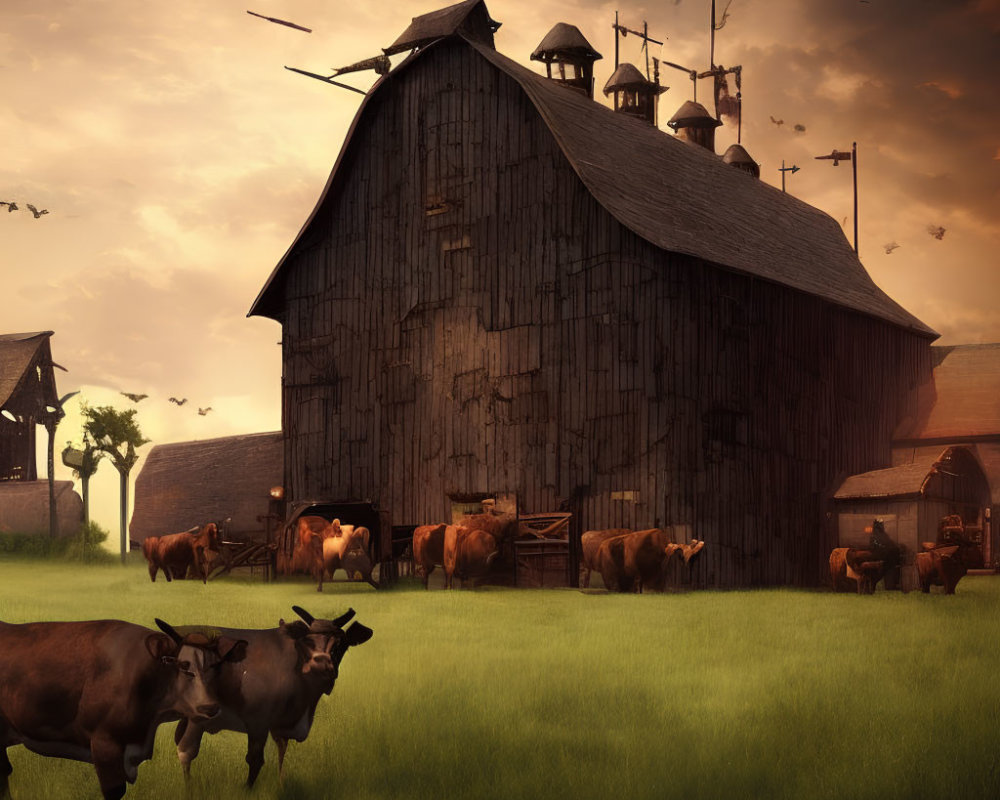 Rustic barn, cattle grazing, birds flying in serene rural scene