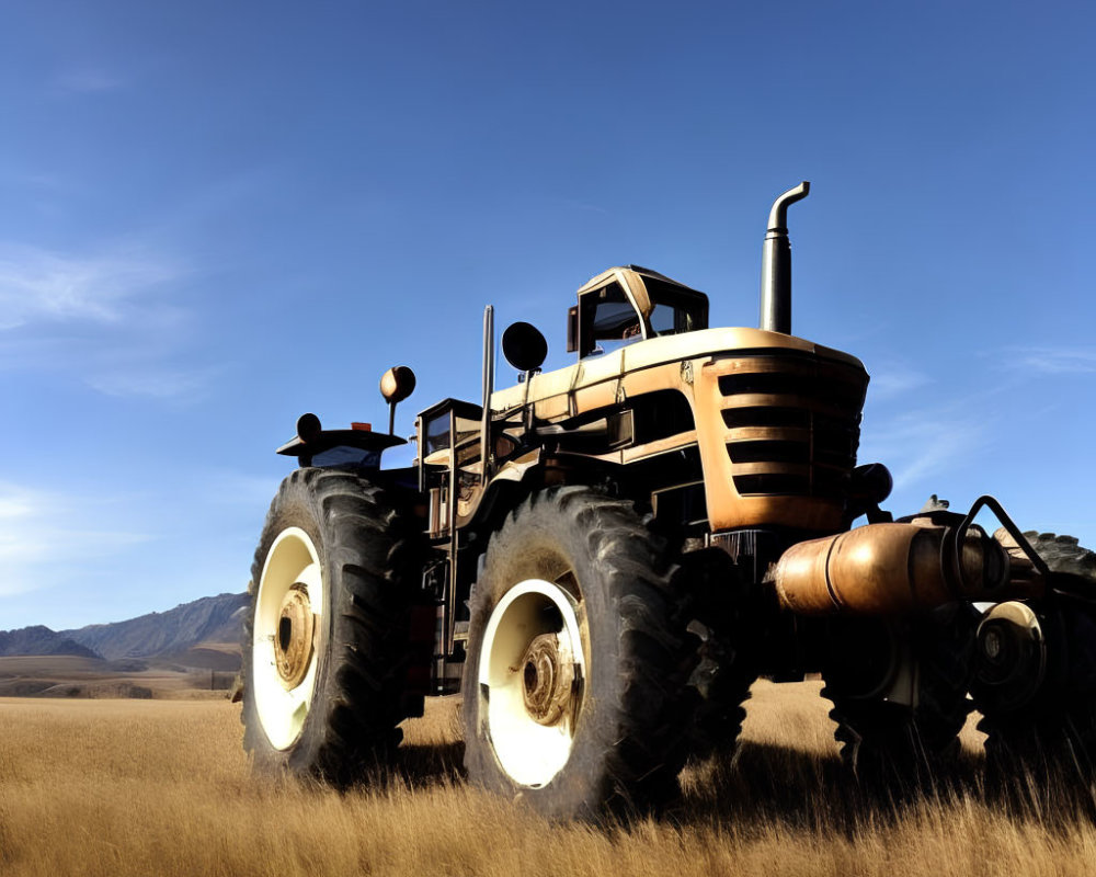 Brown tractor parked in golden field with mountains and blue sky