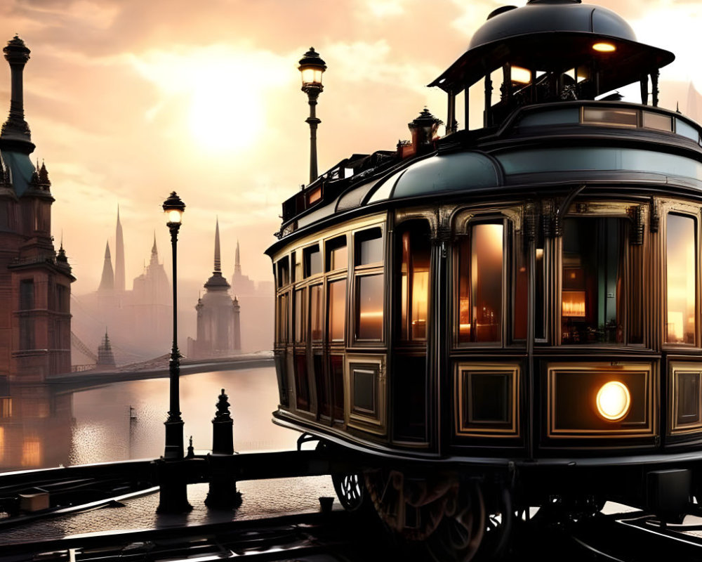 Vintage Tram on Cobblestone Tracks at Sunset with Gothic Spires