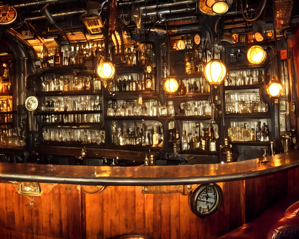 Retro Bar with Wooden Counter and Dim Pendant Lighting