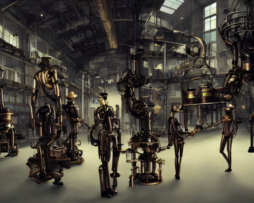 Steampunk-inspired robotic figures in industrial hall with mechanical structures.