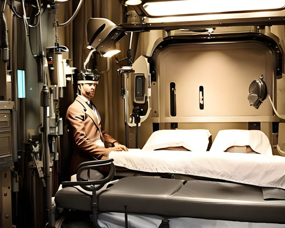 Compact industrial-style room with man in suit beside bunk bed