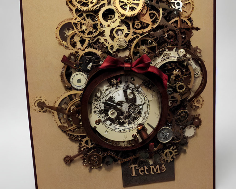 Steampunk-themed 3D gears, clock face, and "Items" label on greeting card