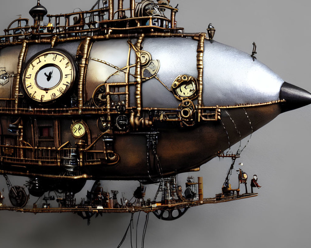 Steampunk submarine with clock elements and metalwork on neutral background