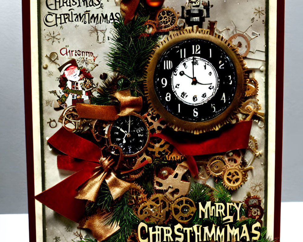 Vintage Christmas Greeting Card with Clock, Gears, Pine Branches, Red Bow, and Fest