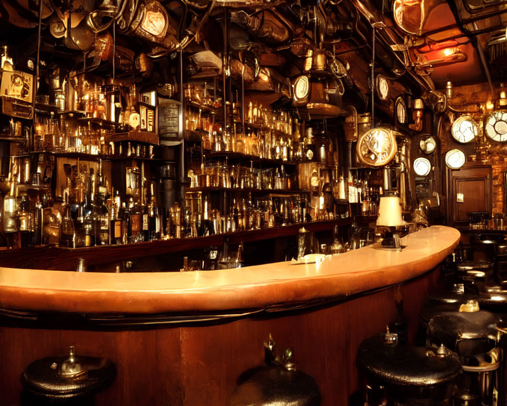 Classic Bar Interior with Curved Wooden Counter, Antique Clocks, Warm Lighting, and Bottles on