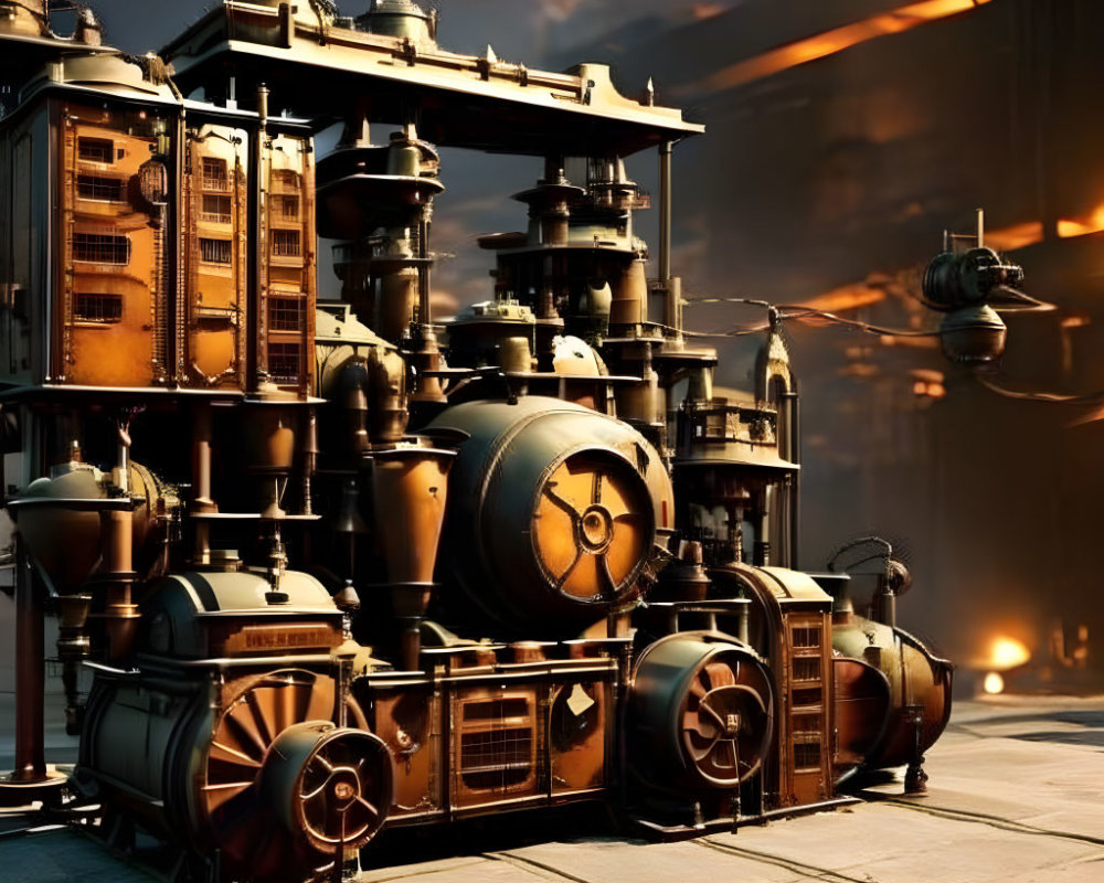 Intricate Steampunk Machine with Pipes, Gauges, and Gears at Sunrise