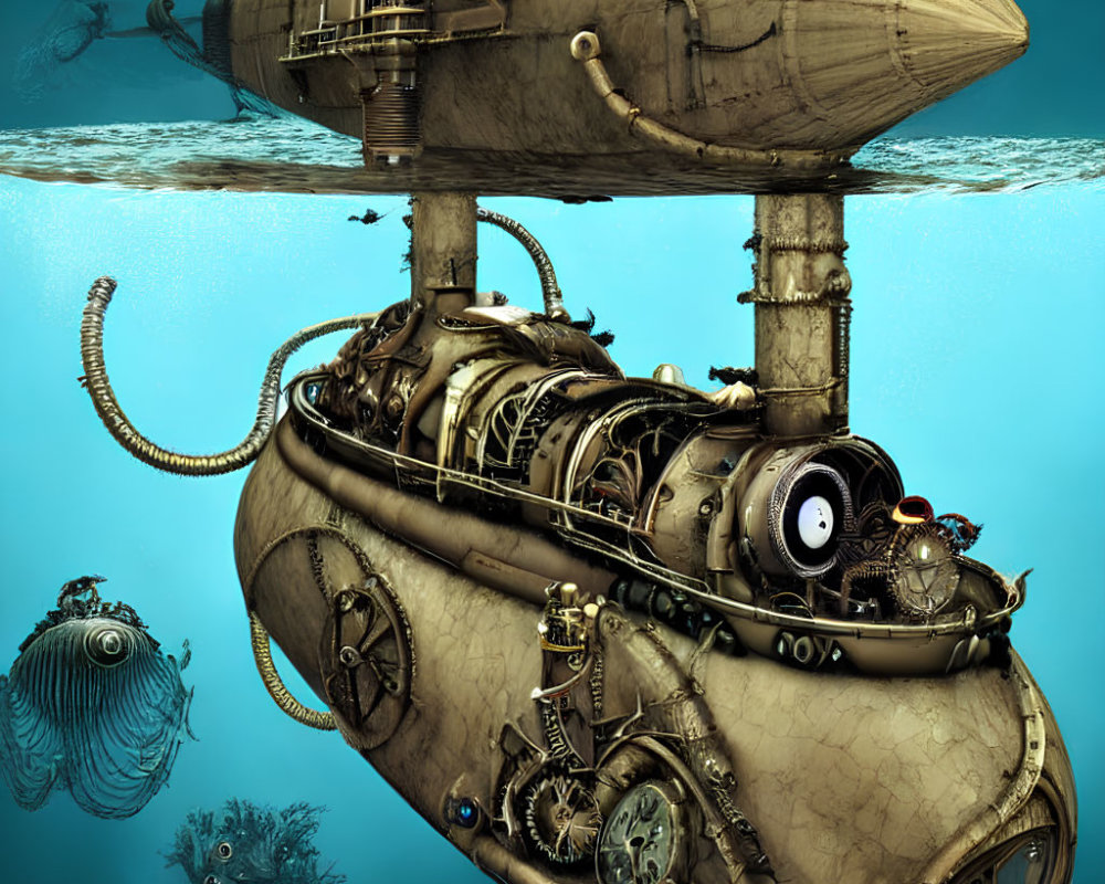 Steampunk submarine with intricate metallic details and fish-like machines underwater