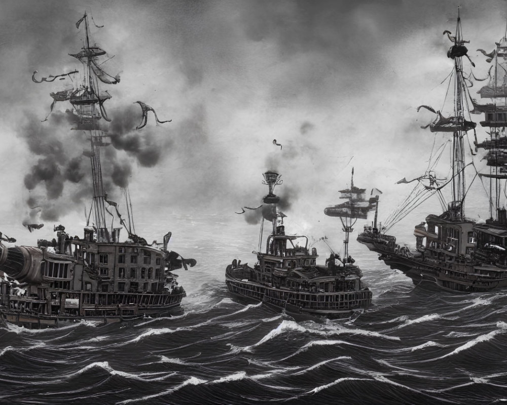 Monochrome steampunk ships with cannons in stormy sea