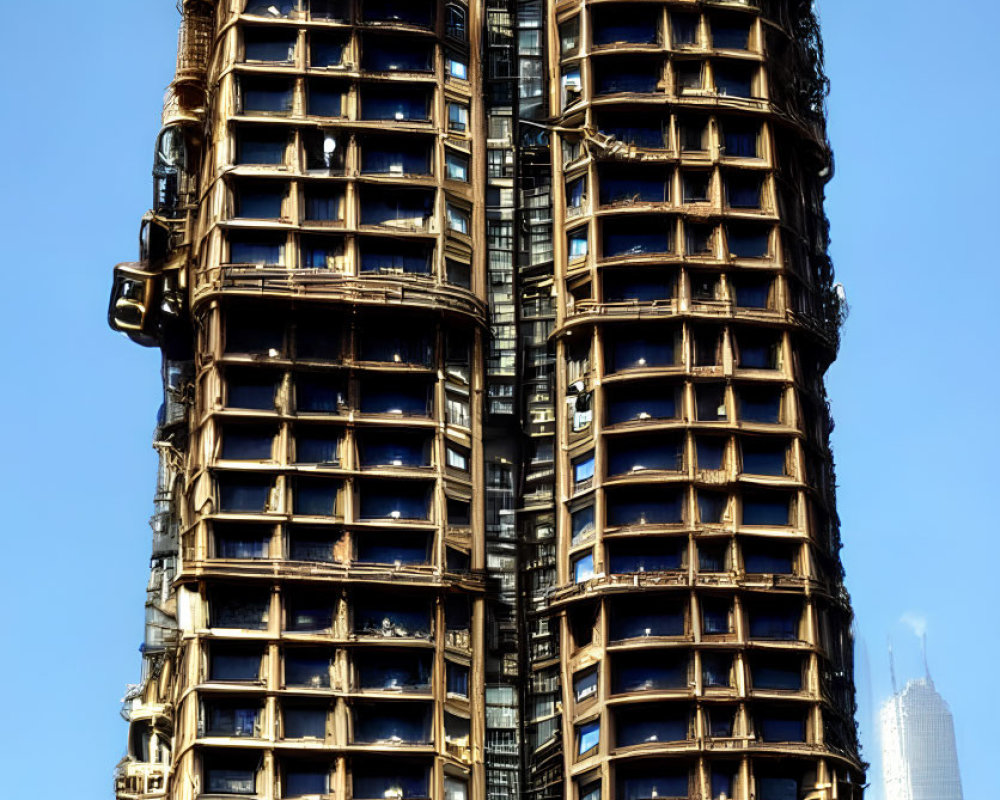 Unique Layered Exoskeleton Design Skyscraper Against Blue Sky