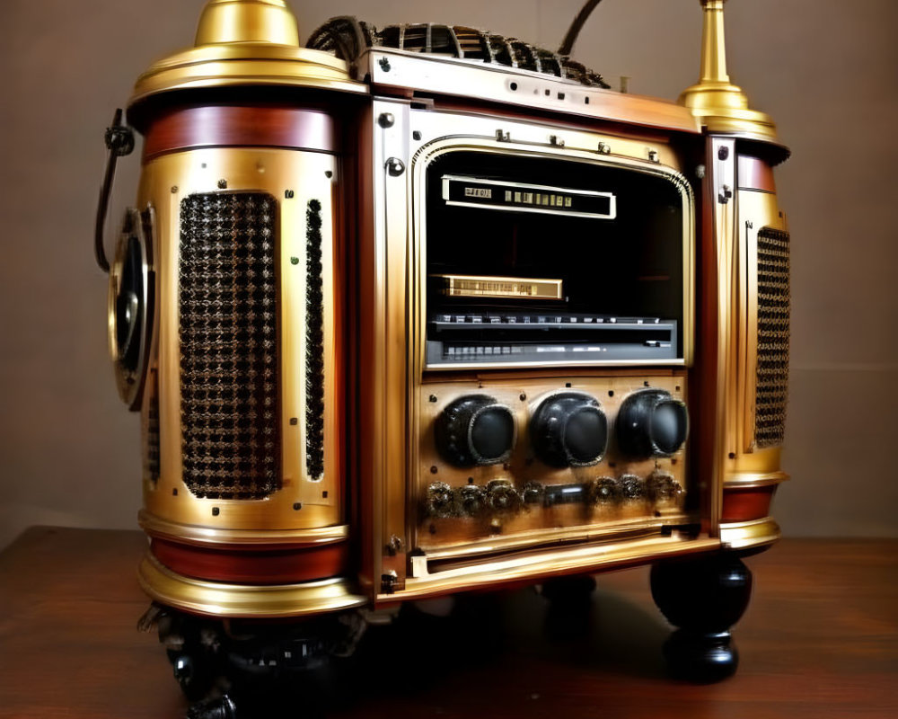 Vintage-style radio with brass accents and dials on wooden surface