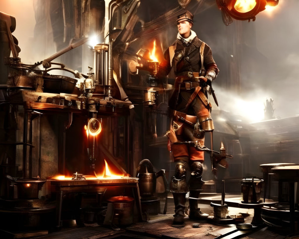 Steampunk attired person in industrial setting with glowing furnaces and mechanical apparatus