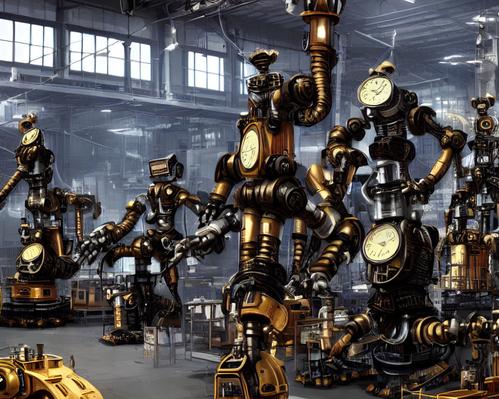 Steampunk-style robotic workshop with clockwork creatures in industrial setting