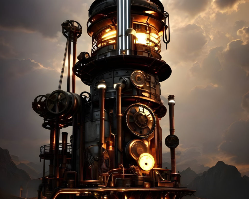 Steampunk lighthouse with glowing lights in mountainous landscape at dusk