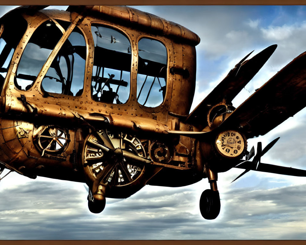 Close-up of weathered bronze aircraft cockpit and propeller under cloudy sky