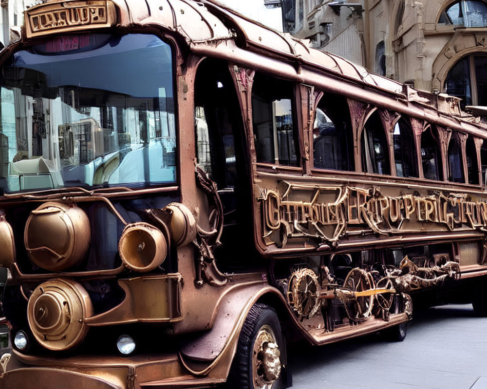 Steampunk-inspired vintage bus on urban street with ornate metallic details