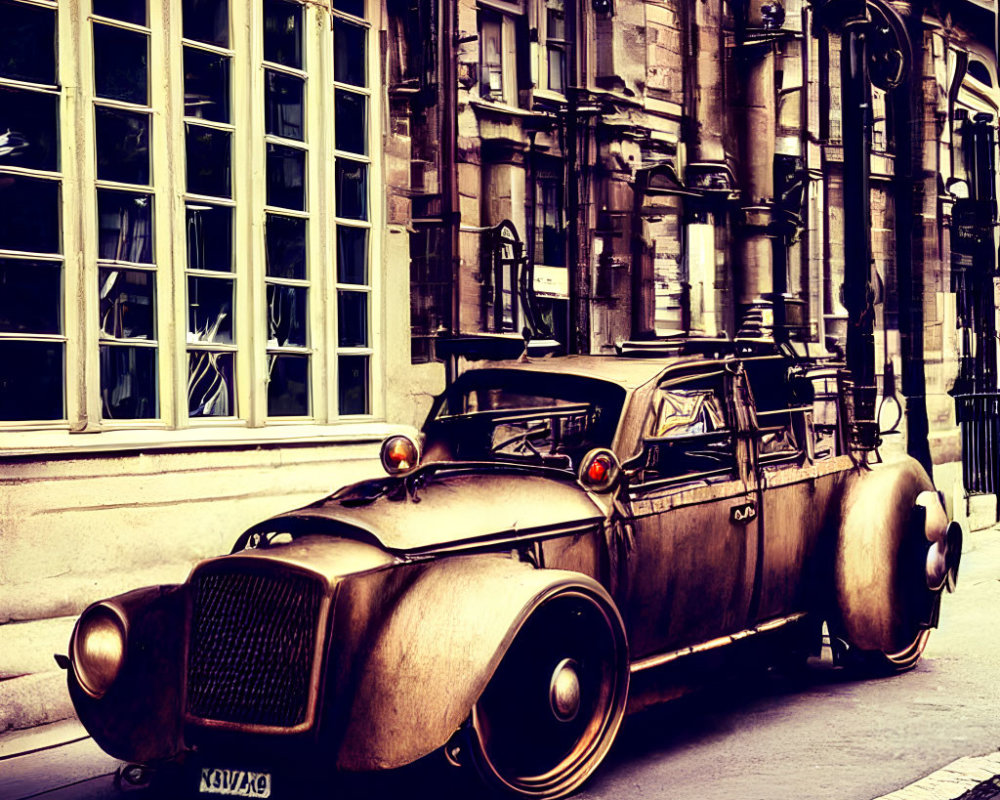 Vintage Car with Oversized Wheels Parked by Classic Architecture in Sepia Tones