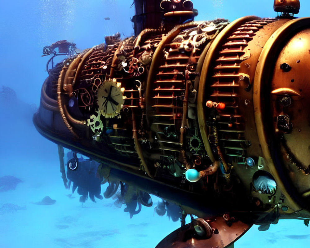 Steampunk-style submarine with gears and clock elements underwater.