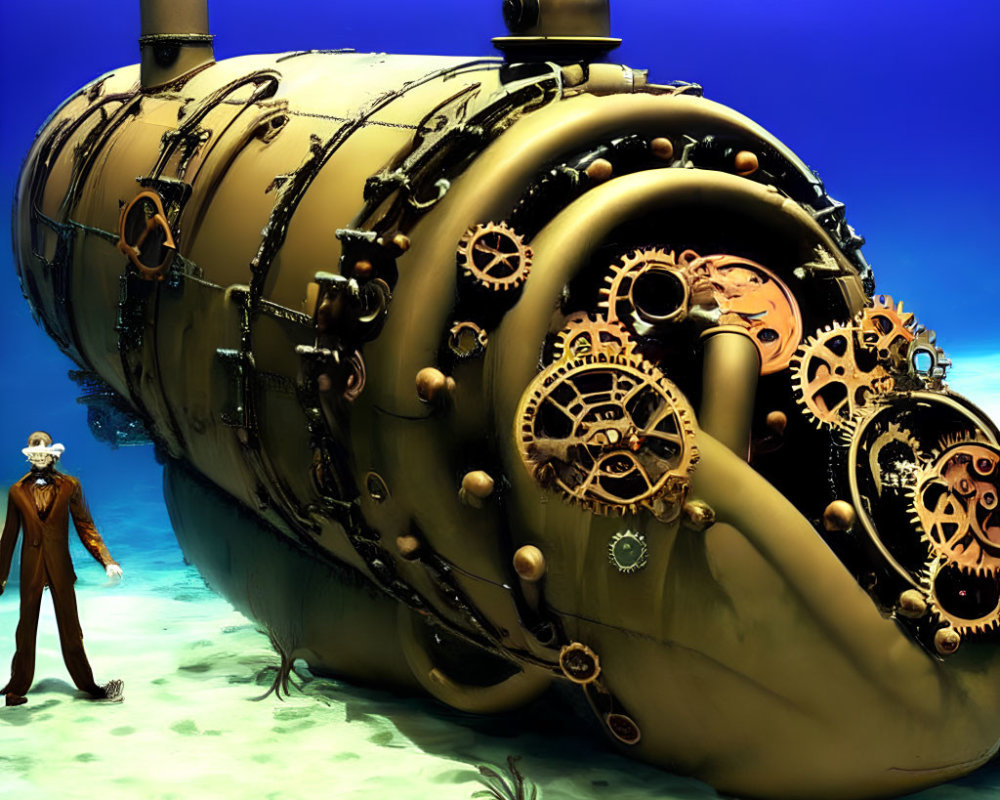 Steampunk-style submarine with gears, vintage diver suit, and blue sea.