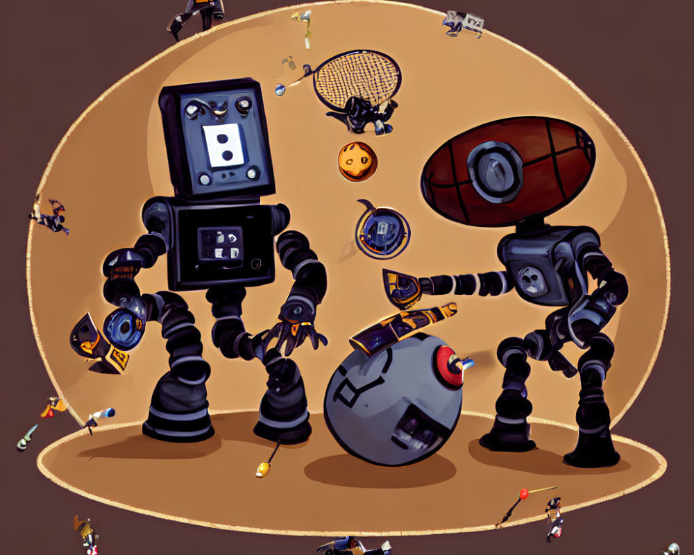 Cartoon-style robots playing American football in circular scene