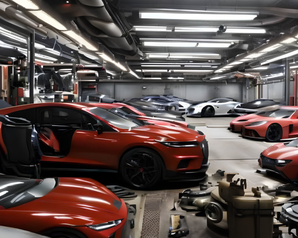 Luxury Red and Gray Car Garage with Sports Car and Parts