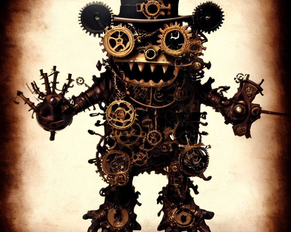 Steampunk Bear Artwork with Gears and Mechanical Limbs