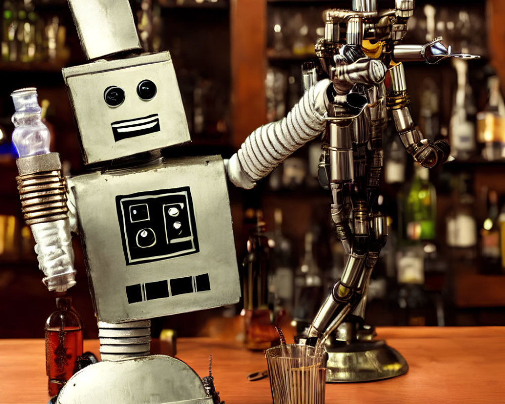 Whimsical robot bartender pouring a drink at bar