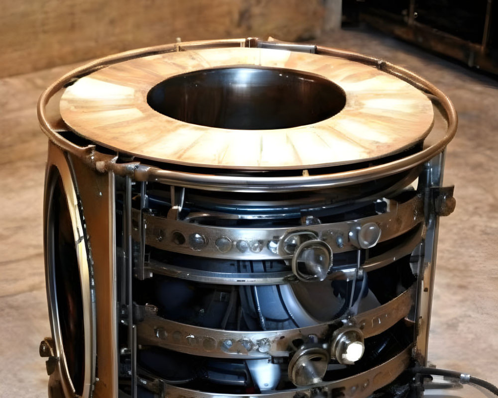 Circular Wooden Object with Metal Bands on Concrete Floor