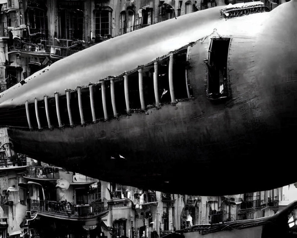 Monochrome photo: Giant airship "ZEPPONI GANTROPODIUM" over