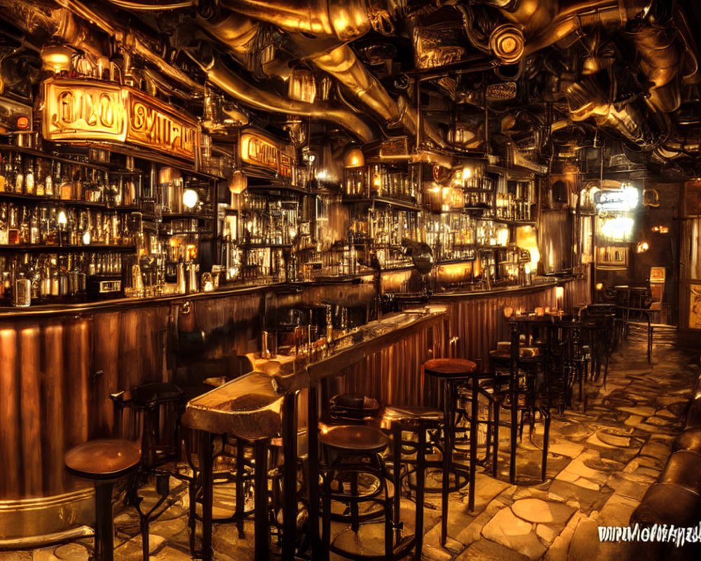 Traditional bar with wooden furnishings and brass structures.