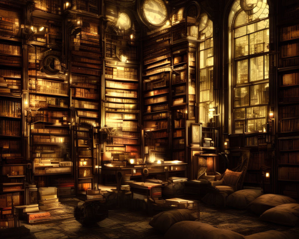 Warmly lit library with towering bookshelves, grand windows, plush seating