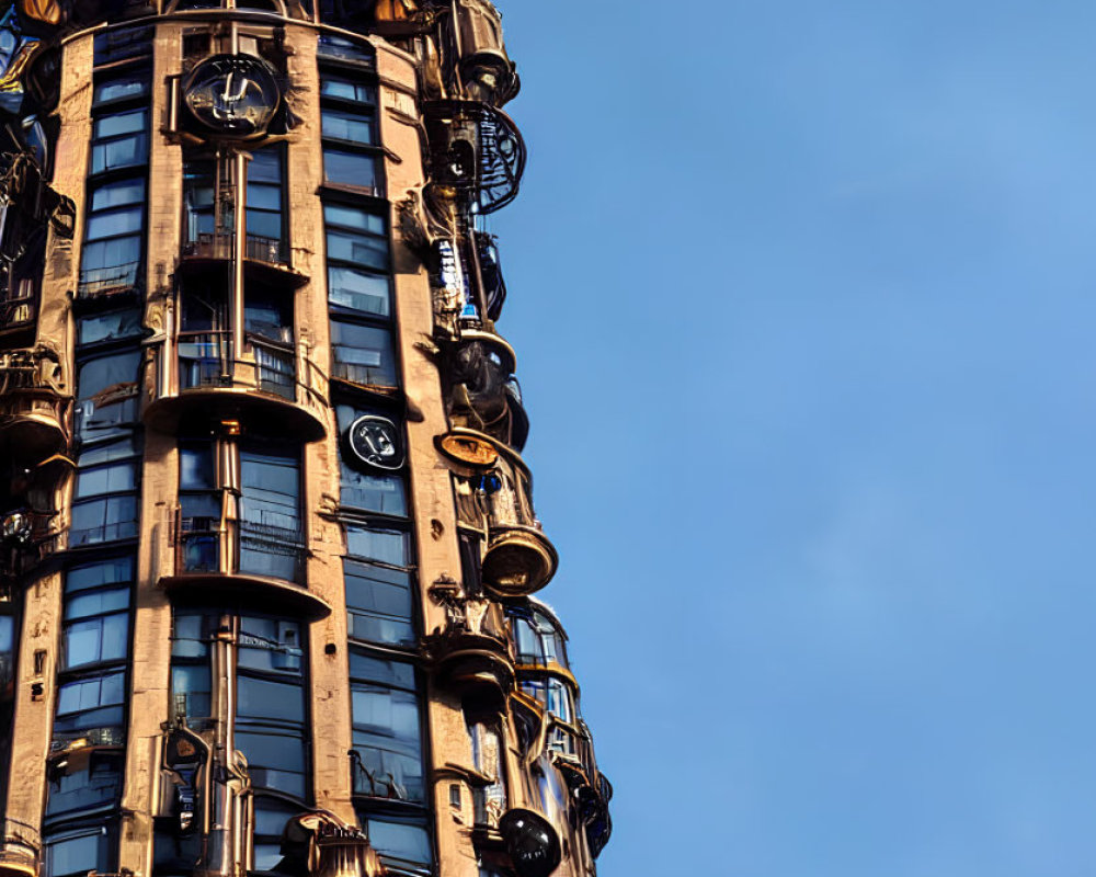 Unique Black Building with Round Protrusions and Clocks on Clear Blue Sky