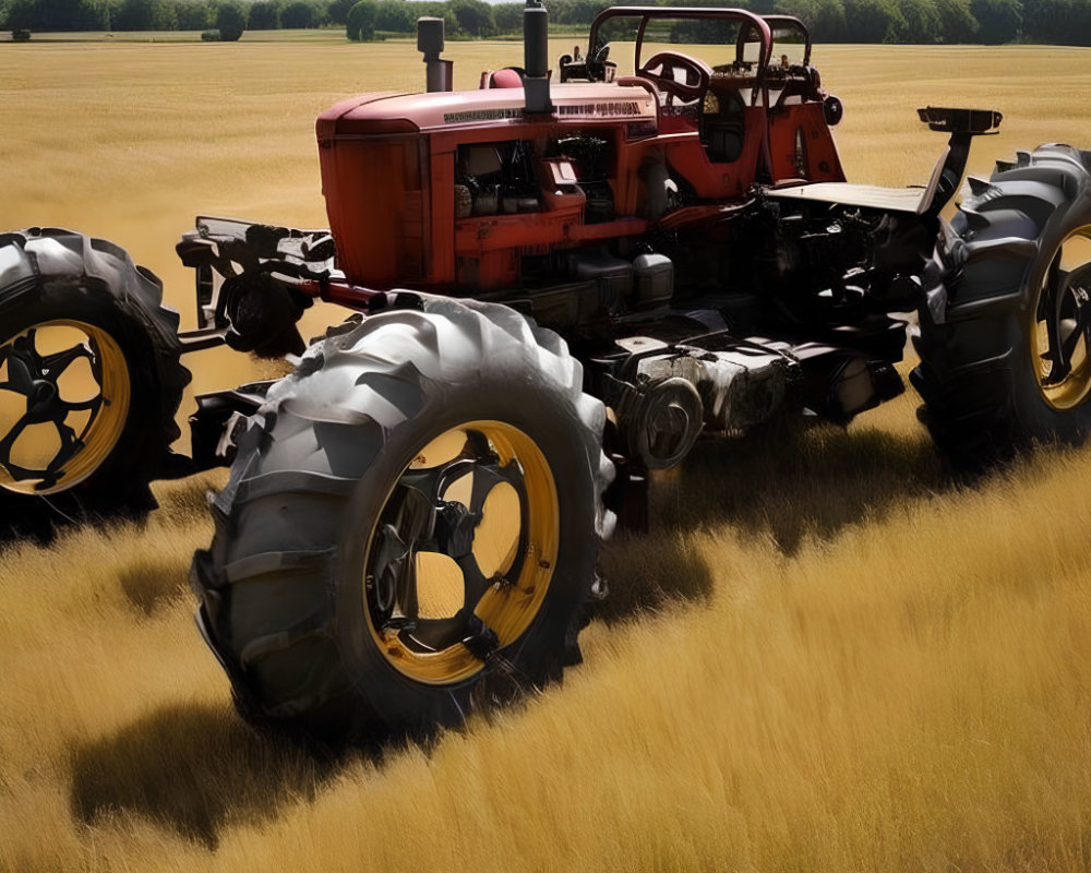 Vintage Red Tractor in Wheat Field with Large Rear Wheels