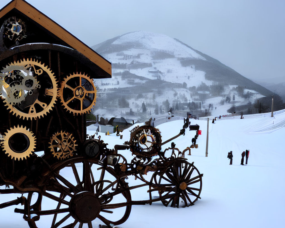 Intricate steampunk cart on snowy hillside with skiers under overcast skies